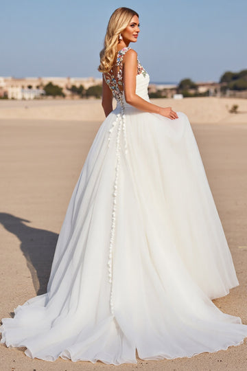 White Tulle A Line Floral Boho Sweep Train Wedding Dress